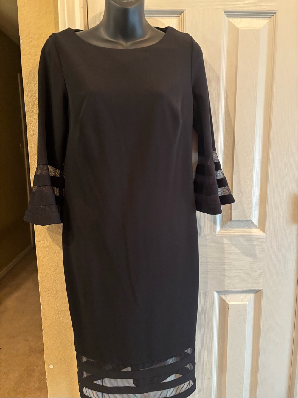 Calvin Klein Black  Sheath Dress with Tiered Mesh Sleeves